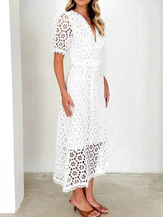 Eyelet Lace V-Neck Midi Dress with Puff Sleeves - Byyde