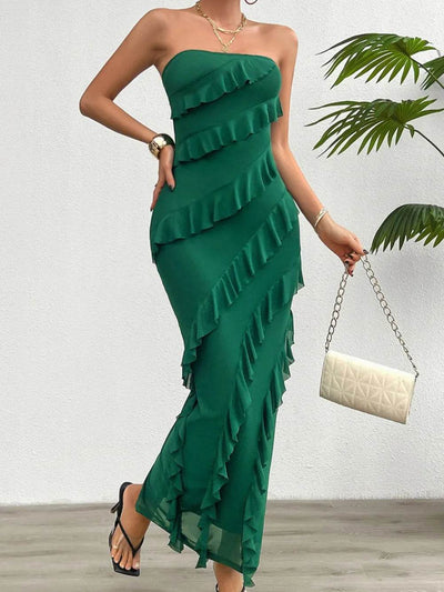 Devine Ruffled Slit Back Tube Maxi Dress - Byyde