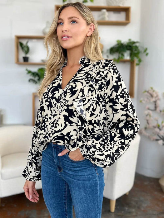 Double Take Full Size Printed Ruffle Trim Balloon Sleeve Shirt - Byyde