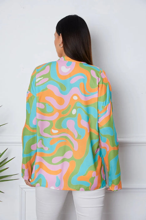 Printed Notched Long Sleeve Blouse - Byyde