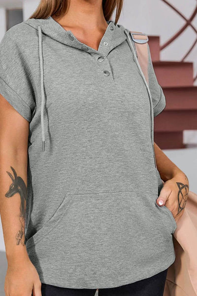 Drawstring Quarter Snap Cap Sleeve Hoodie - Byyde