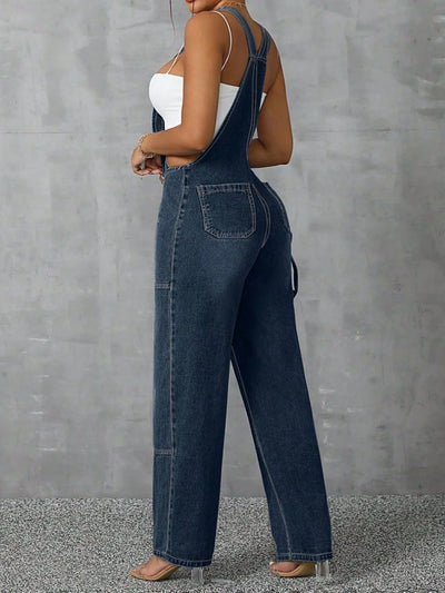 Zip Front Wide Strap Denim Overalls - Byyde