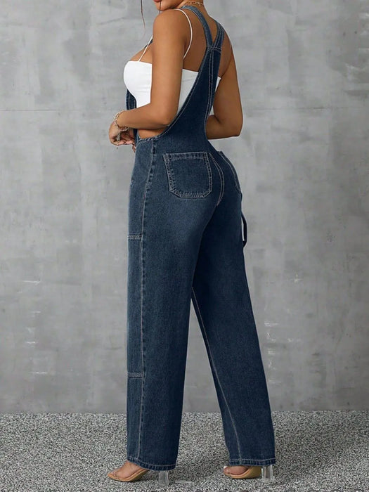 Zip Front Wide Strap Denim Overalls - Byyde
