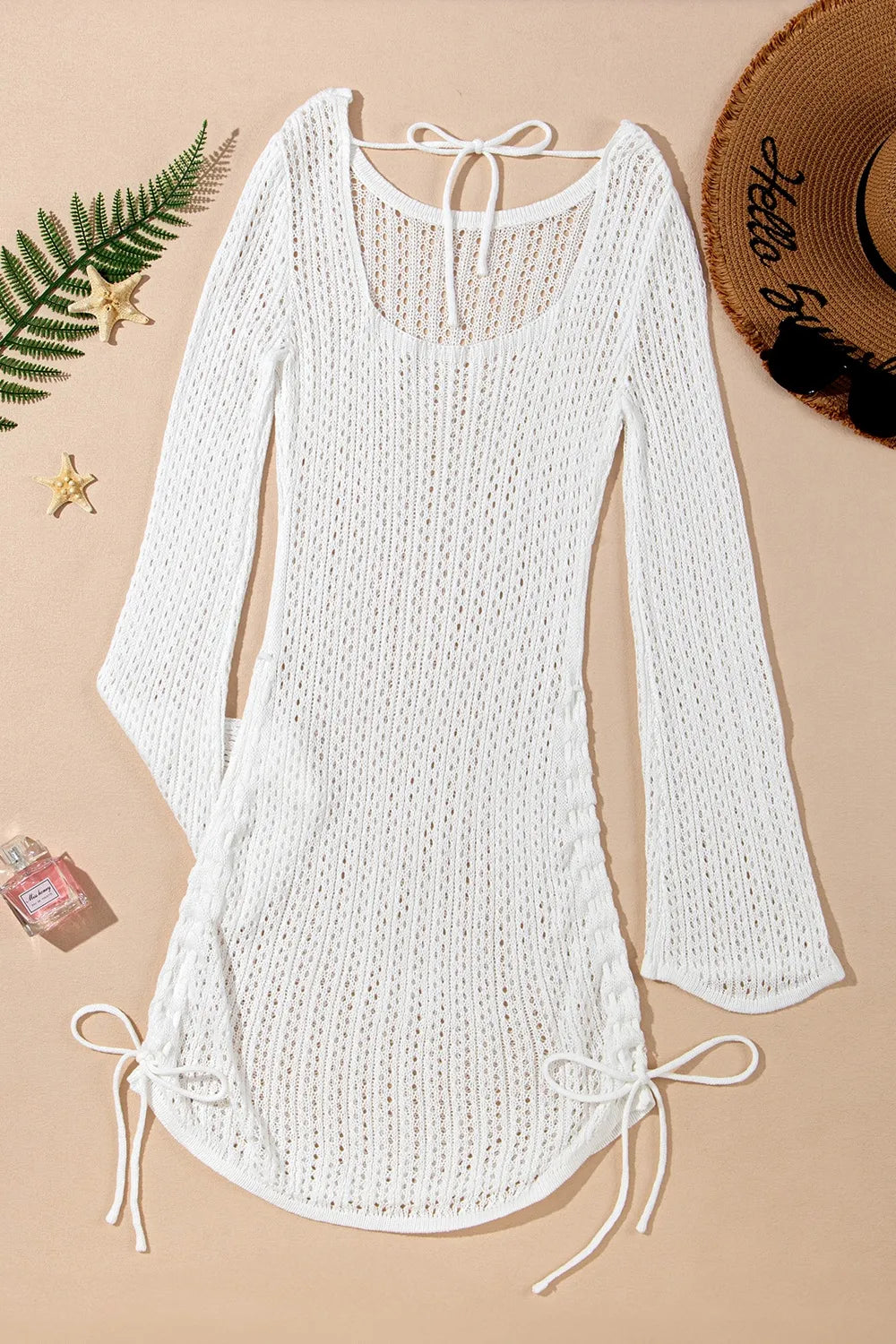 Hollow Out Bell Sleeve Drawstring Knit Cover Up Dress - Byyde