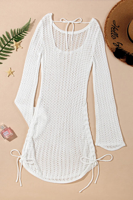 Hollow Out Bell Sleeve Drawstring Knit Cover Up Dress - Byyde