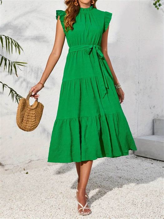 Frill Mock Neck Ruffled Cap Sleeve Midi Dress - Byyde