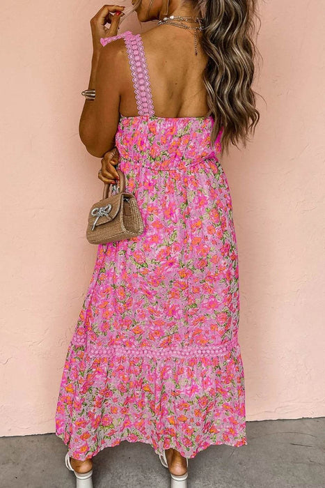 Floral Lace Wide Strap Square Neck Maxi Dress - Byyde