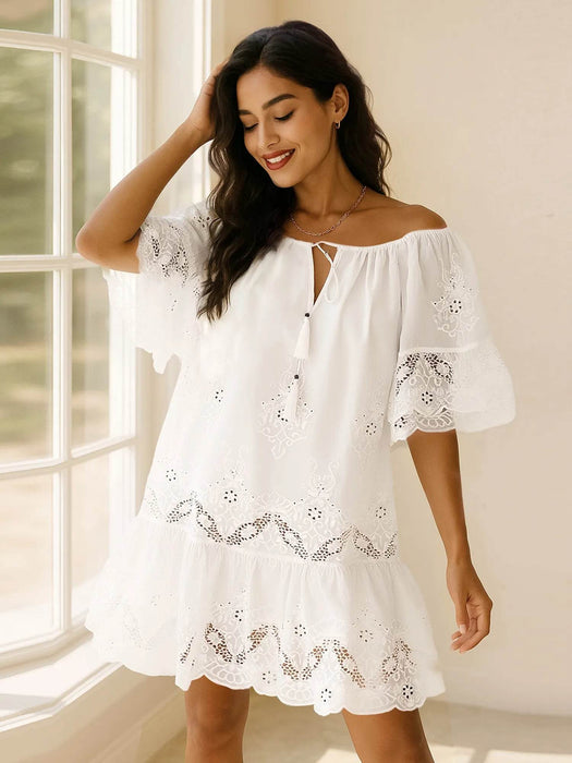 Eyelet Embroidered Tassel Tie Neck Dress - Byyde
