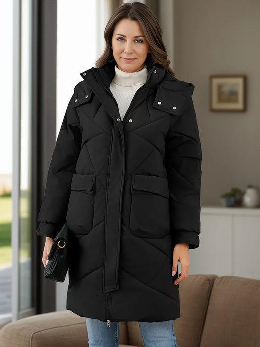 Long Sleeve Longline Hooded Winter Coat with Pockets - Byyde