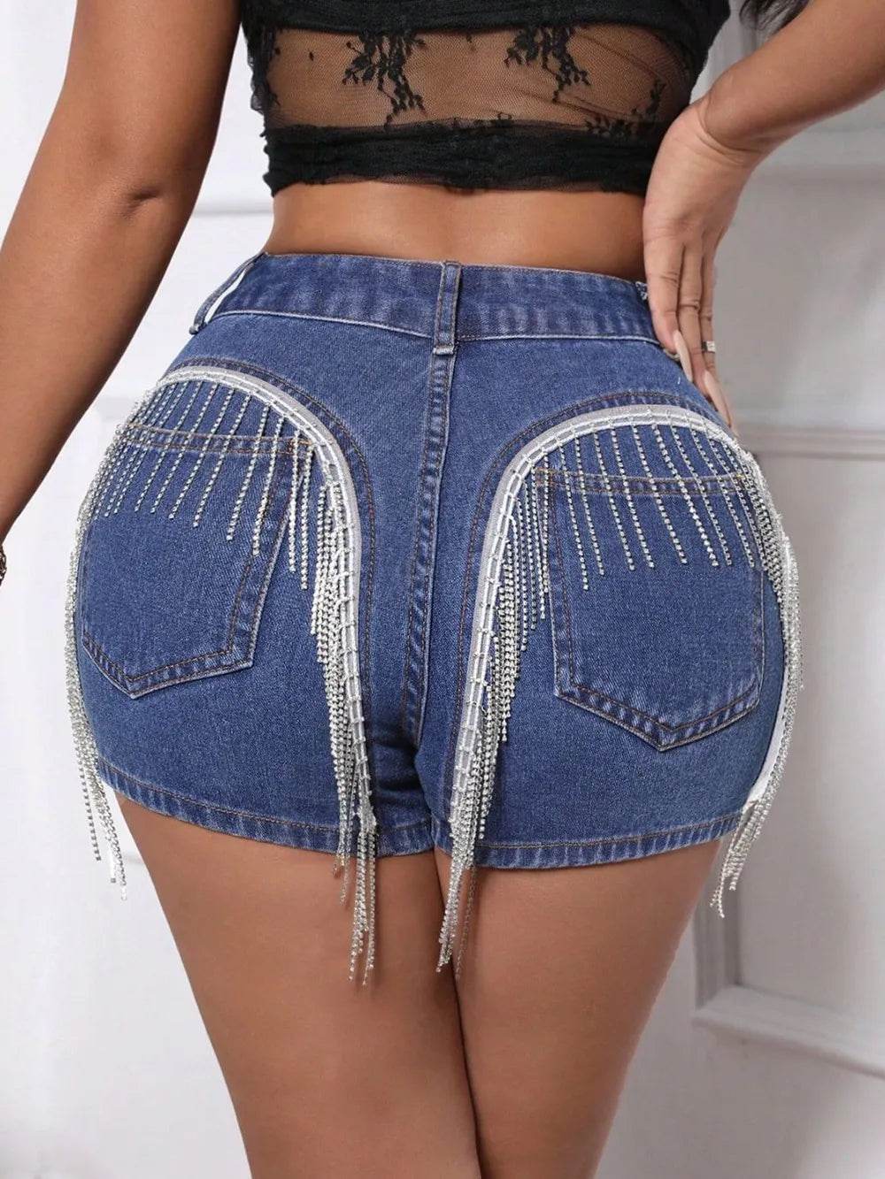 Fringe Back Denim Shorts with Pockets - Byyde