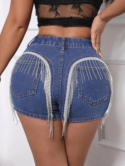 Fringe Back Denim Shorts with Pockets - Byyde