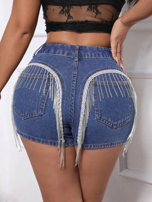 Fringe Back Denim Shorts with Pockets - Byyde