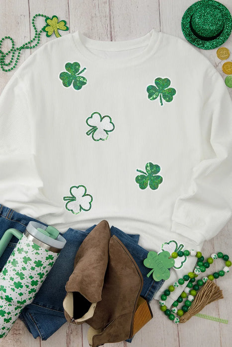 Sequin Lucky Clover Round Neck Long Sleeve Sweatshirt - Byyde