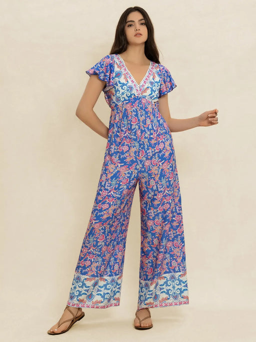 Printed V-Neck Wide Leg Jumpsuit - Byyde