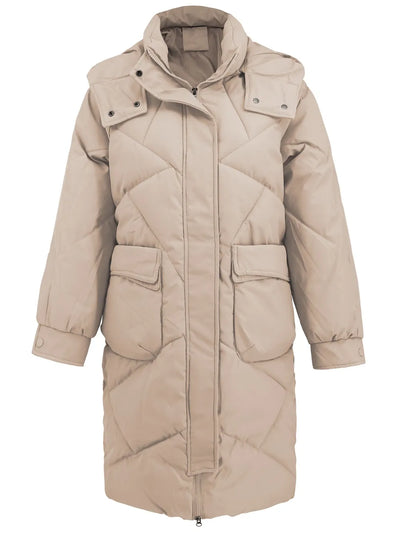 Long Sleeve Longline Hooded Winter Coat with Pockets - Byyde