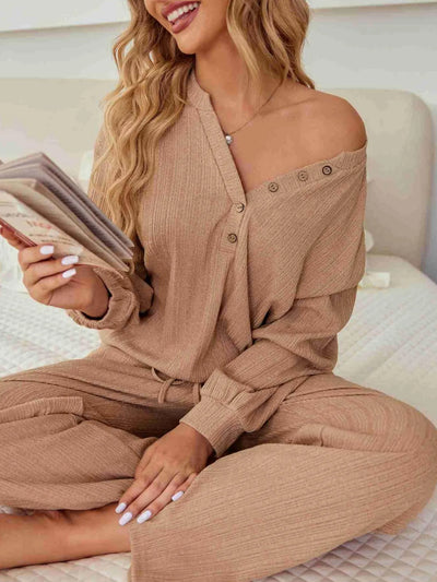 Ribbed Knit Top and Pants Lounge Set with Button Detail - Byyde