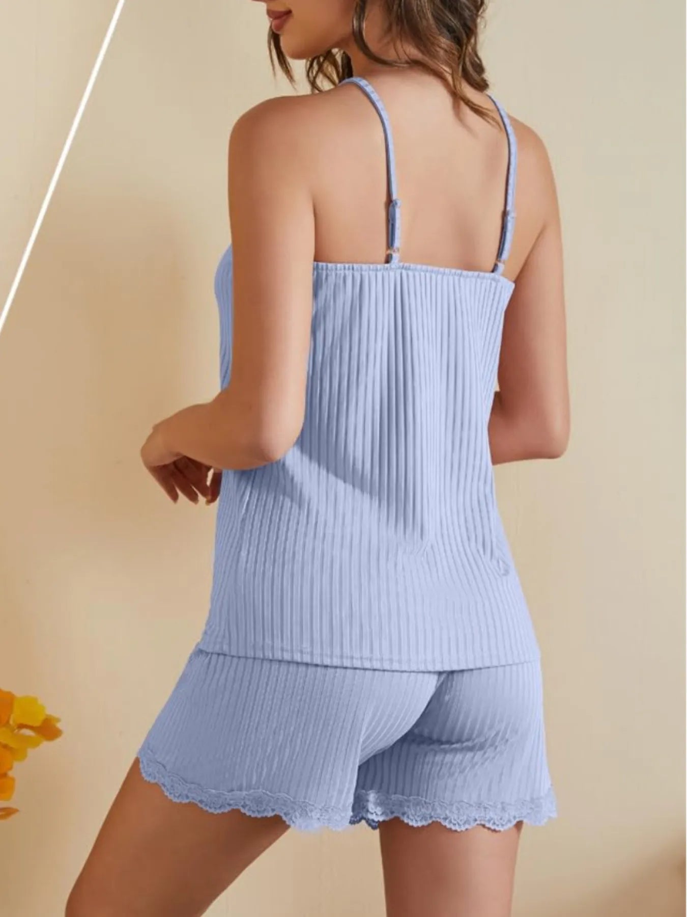 Lace-Trimmed Ribbed Cami and Shorts Lounge Set - Byyde
