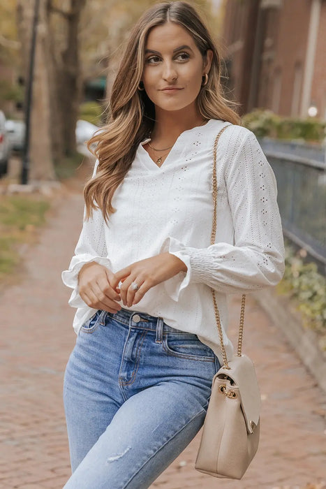 Openwork Notched Flounce Sleeve Blouse - Byyde
