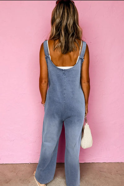 Wide Strap Denim Overalls with Pockets - Byyde