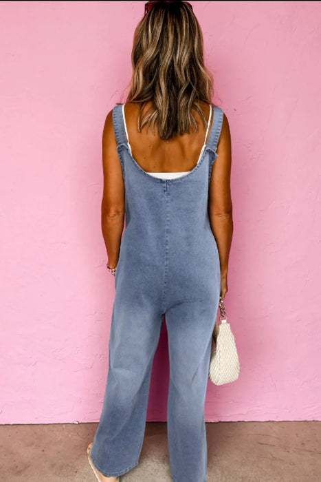 Wide Strap Denim Overalls with Pockets - Byyde