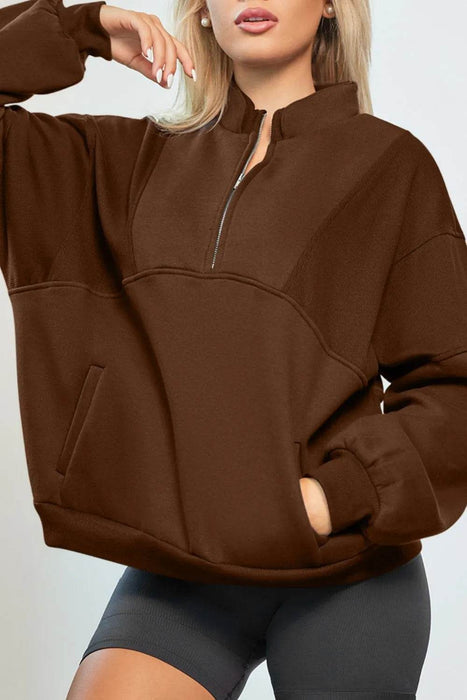 Half Zip Drop Shoulder Long Sleeve Sweatshirt - Byyde