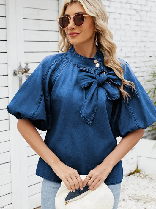 Denim Bow Tie Puff Sleeve Top - Byyde