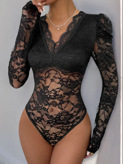 Perfee Lace V-Neck Long Sleeve Bodysuit - Byyde