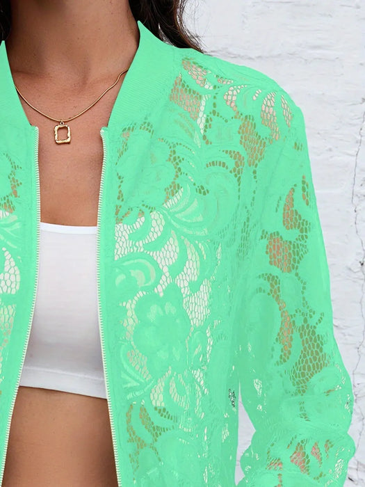 Sheer Lace Zip Up Long Sleeve Jacket - Byyde