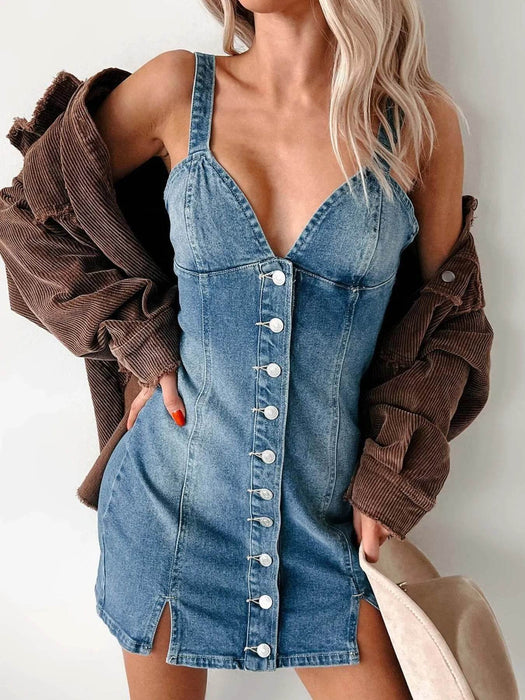 Button Front Sweetheart Neck Denim Mini Dress - Byyde