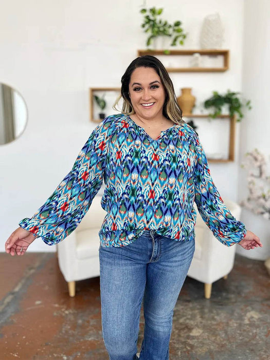Double Take Full Size Printed Balloon Sleeve Blouse - Byyde