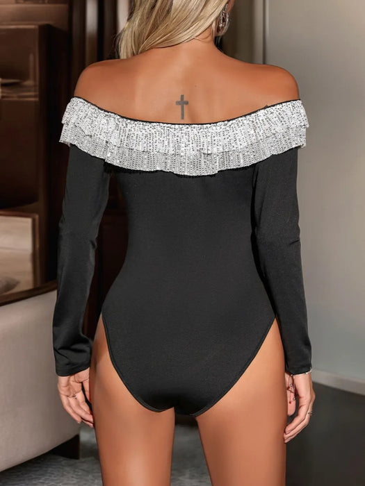 Perfee Sequin Ruffled Off-Shoulder Long Sleeve Bodysuit - Byyde