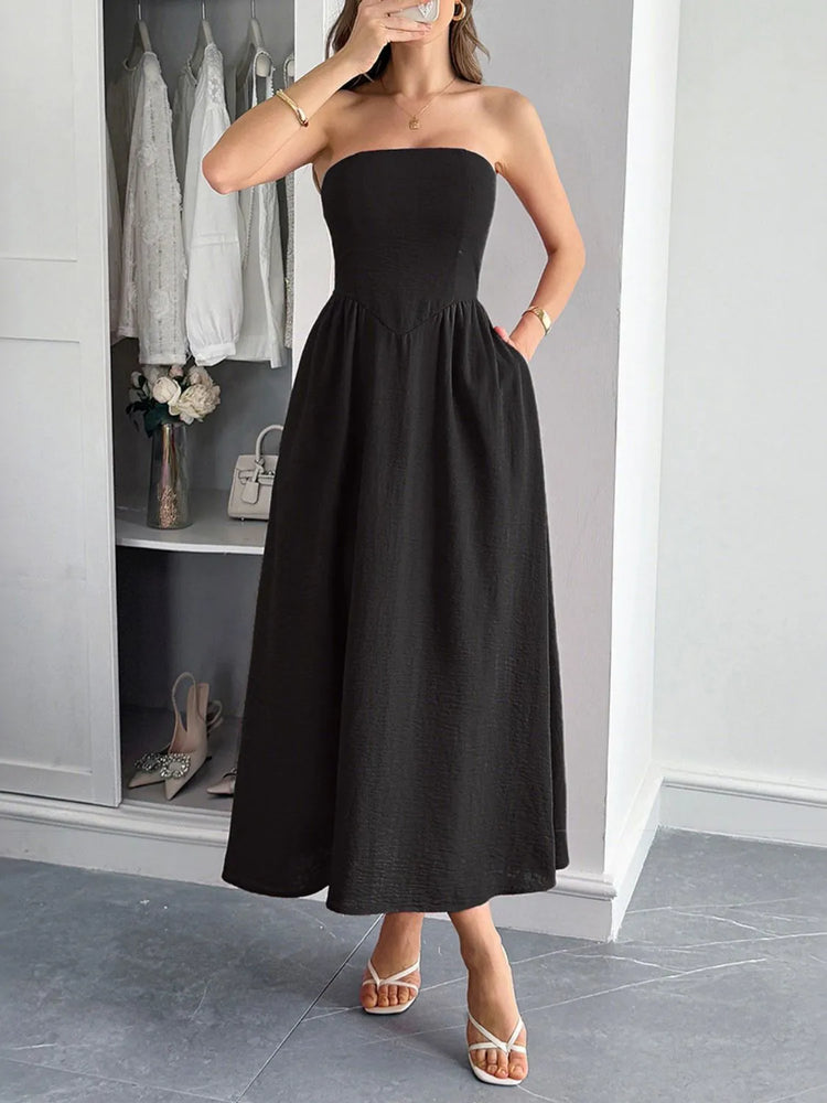 Strapless A-Line Midi Dress with Pockets - Byyde
