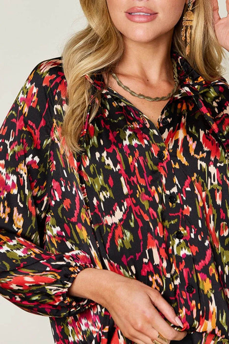 Double Take Full Size Printed Button Up Long Sleeve Shirt - Byyde