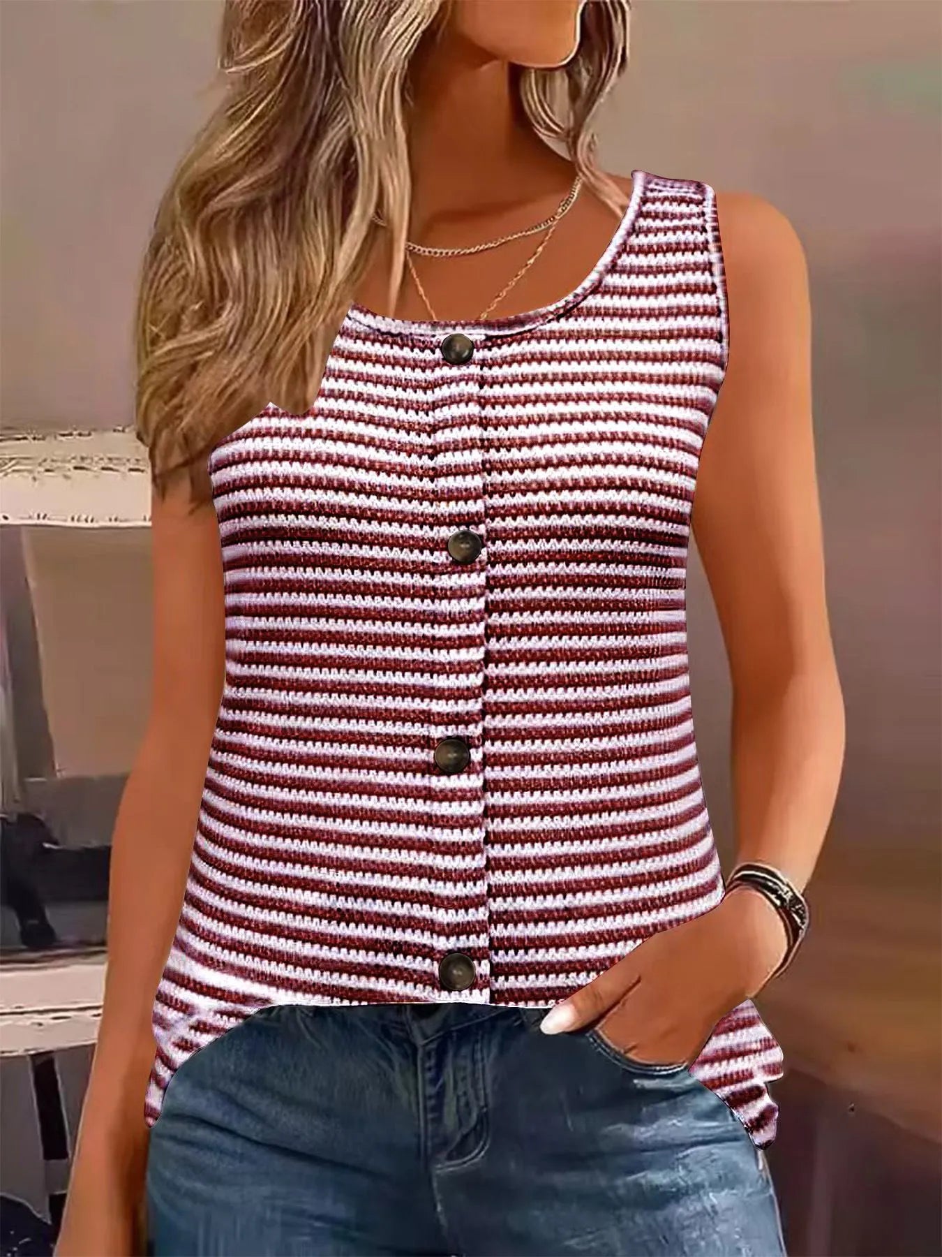 Striped Round Neck Tank Top - Byyde