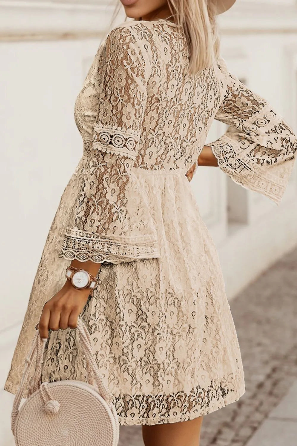Lace V-Neck Three-Quarter Sleeve Dress - Byyde