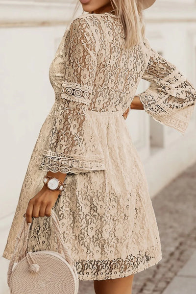 Lace V-Neck Three-Quarter Sleeve Dress - Byyde