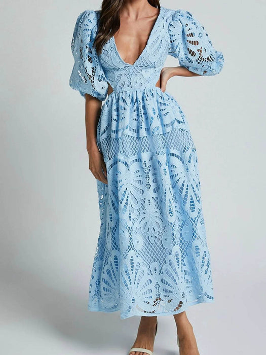 Cutout Back Lace Crochet V-Neck Dress - Byyde