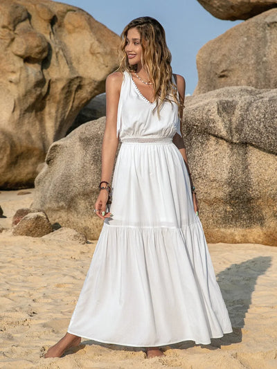 V-Neck Tie Shoulder Crochet Maxi Dress - Byyde