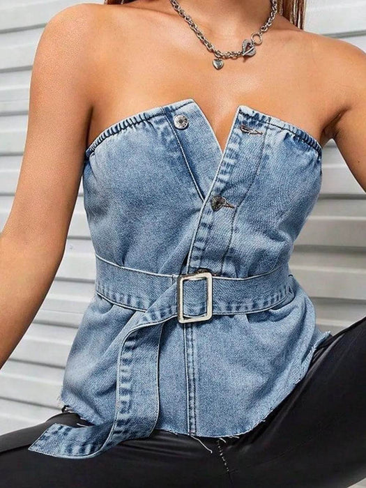 Frayed Hem Button Detail Tube Top - Byyde