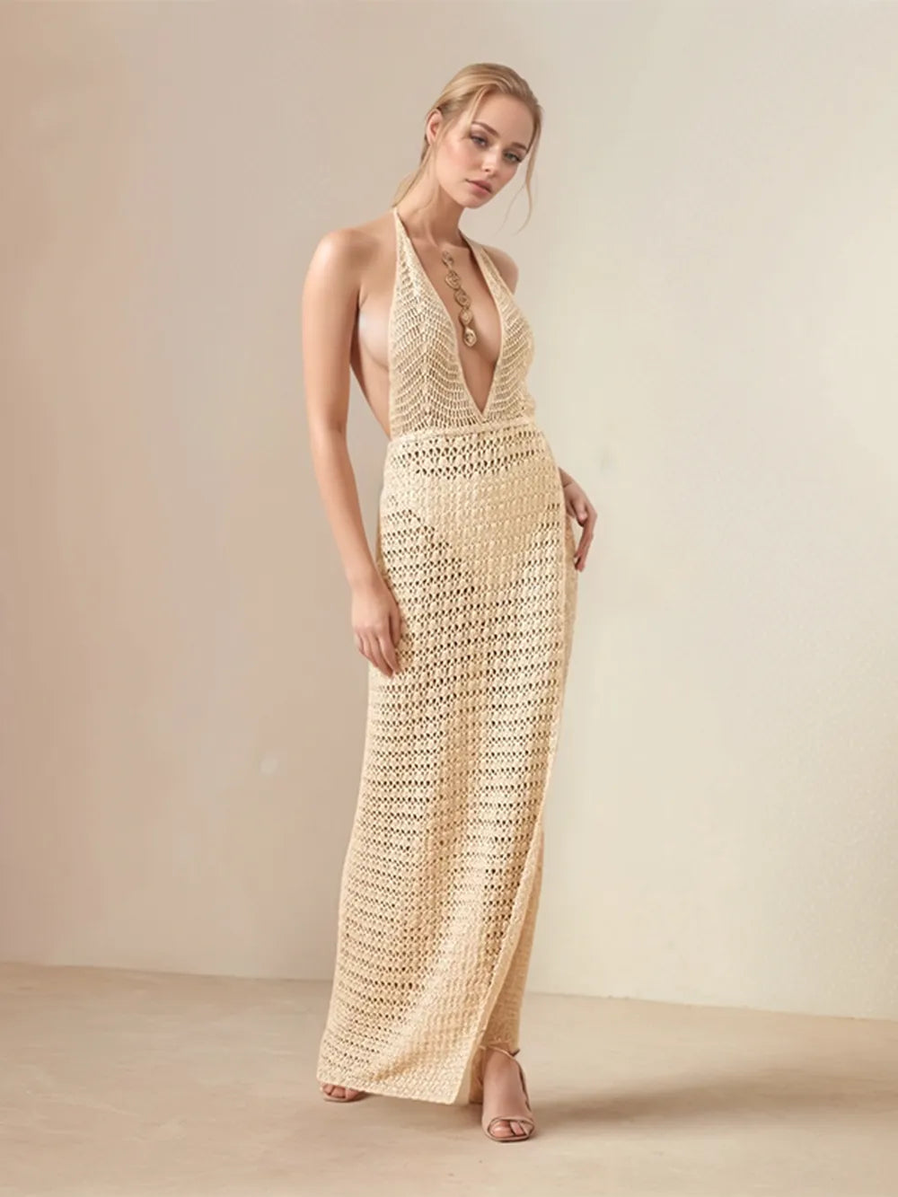 Hollow Out Halter Neck Cover-Up Dress - Byyde