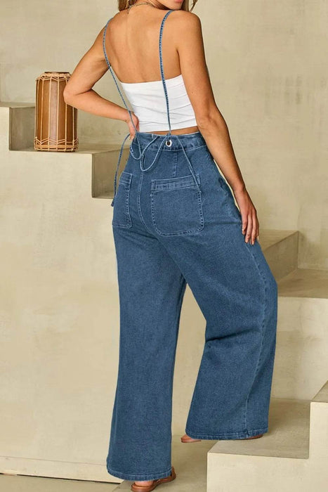 Adjustable Tie Straps Wide Leg Denim Overalls - Byyde