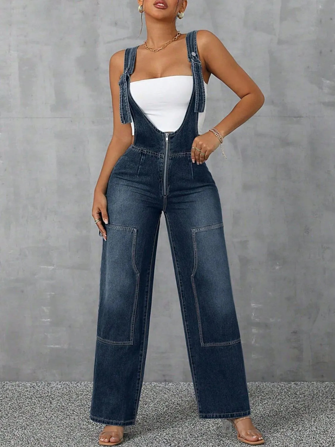 Zip Front Wide Strap Denim Overalls - Byyde