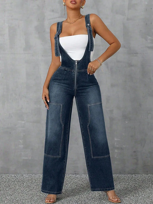 Zip Front Wide Strap Denim Overalls - Byyde