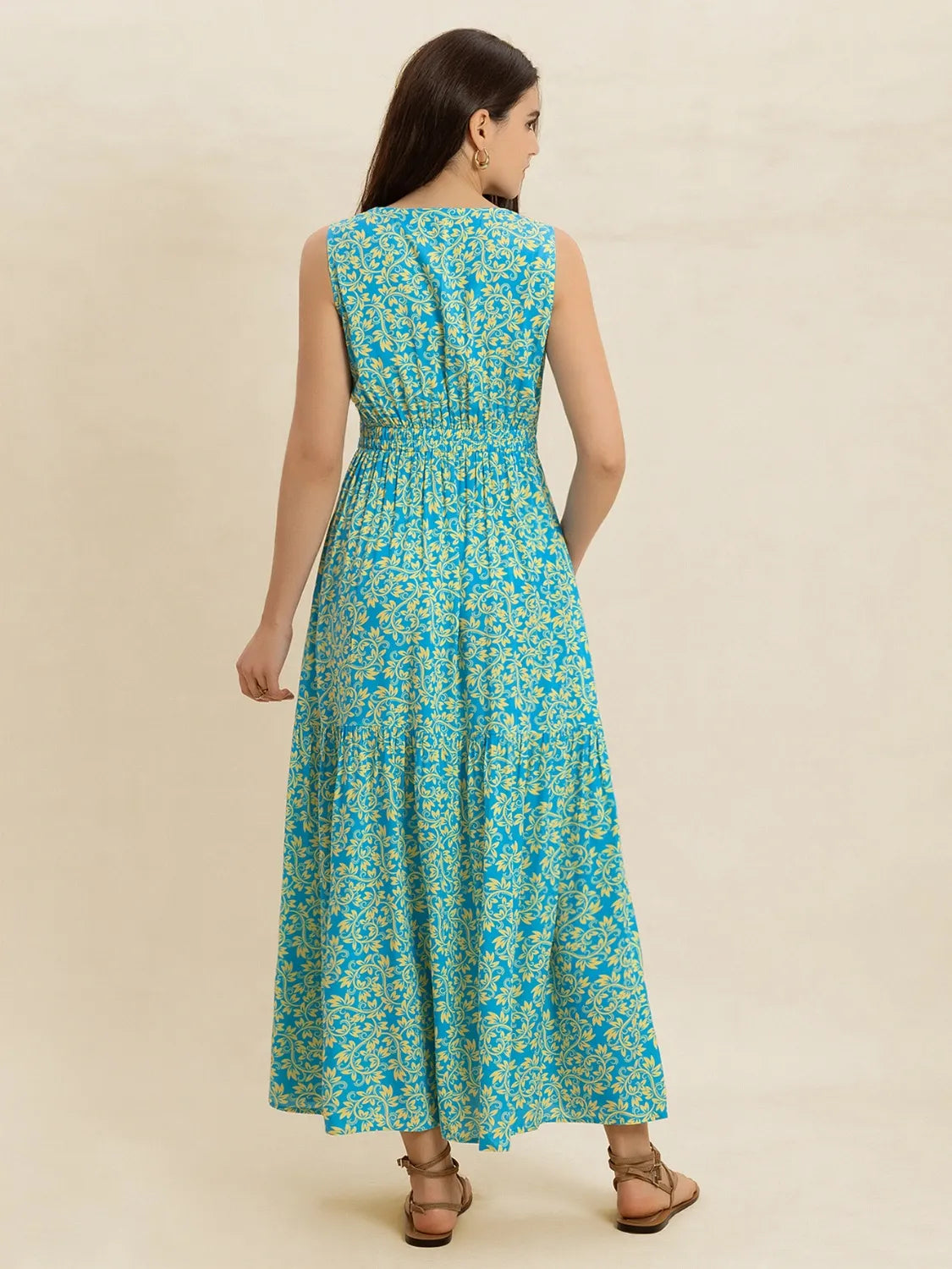 Slit Printed V-Neck Sleeveless Dress - Byyde