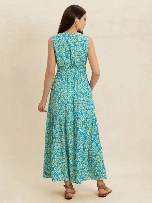 Slit Printed V-Neck Sleeveless Dress - Byyde