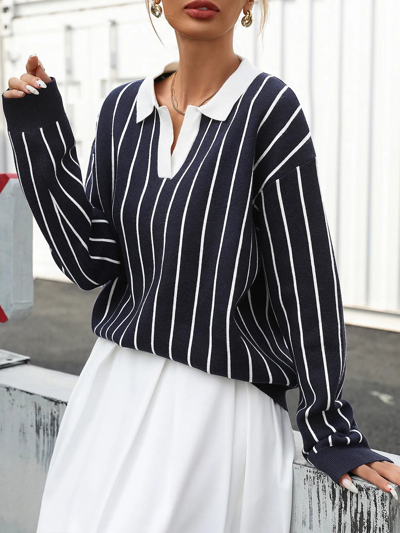 Stripe Contrast Collar Long Sleeve Knit Top - Byyde