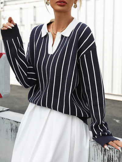 Stripe Contrast Collar Long Sleeve Knit Top - Byyde