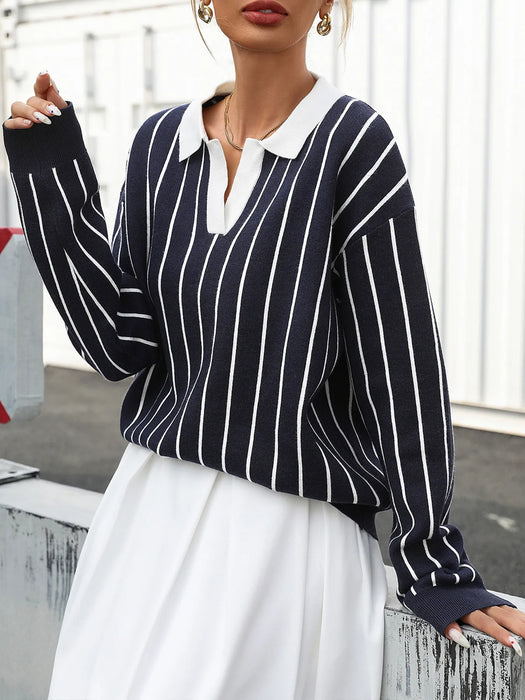 Stripe Contrast Collar Long Sleeve Knit Top - Byyde