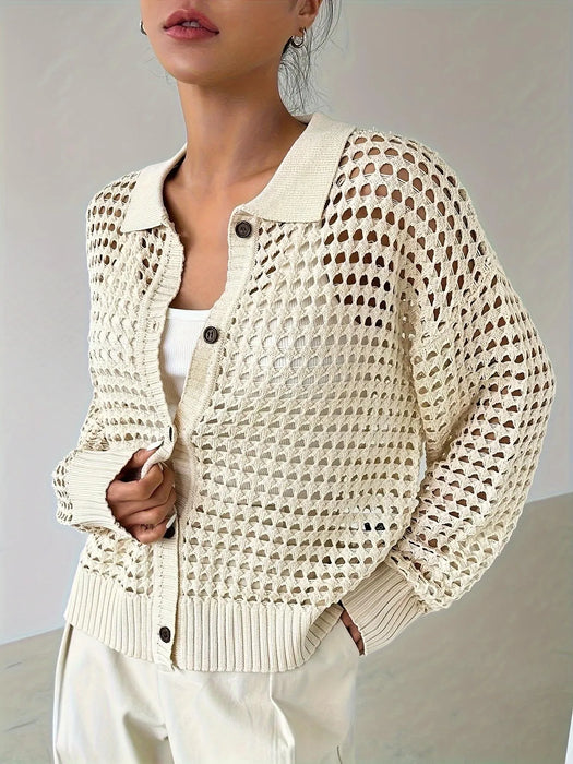 Hollow Out Knit Button Front Cardigan - Byyde