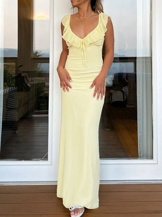 Ruffled V-Neck Sleeveless Maxi Dress - Byyde